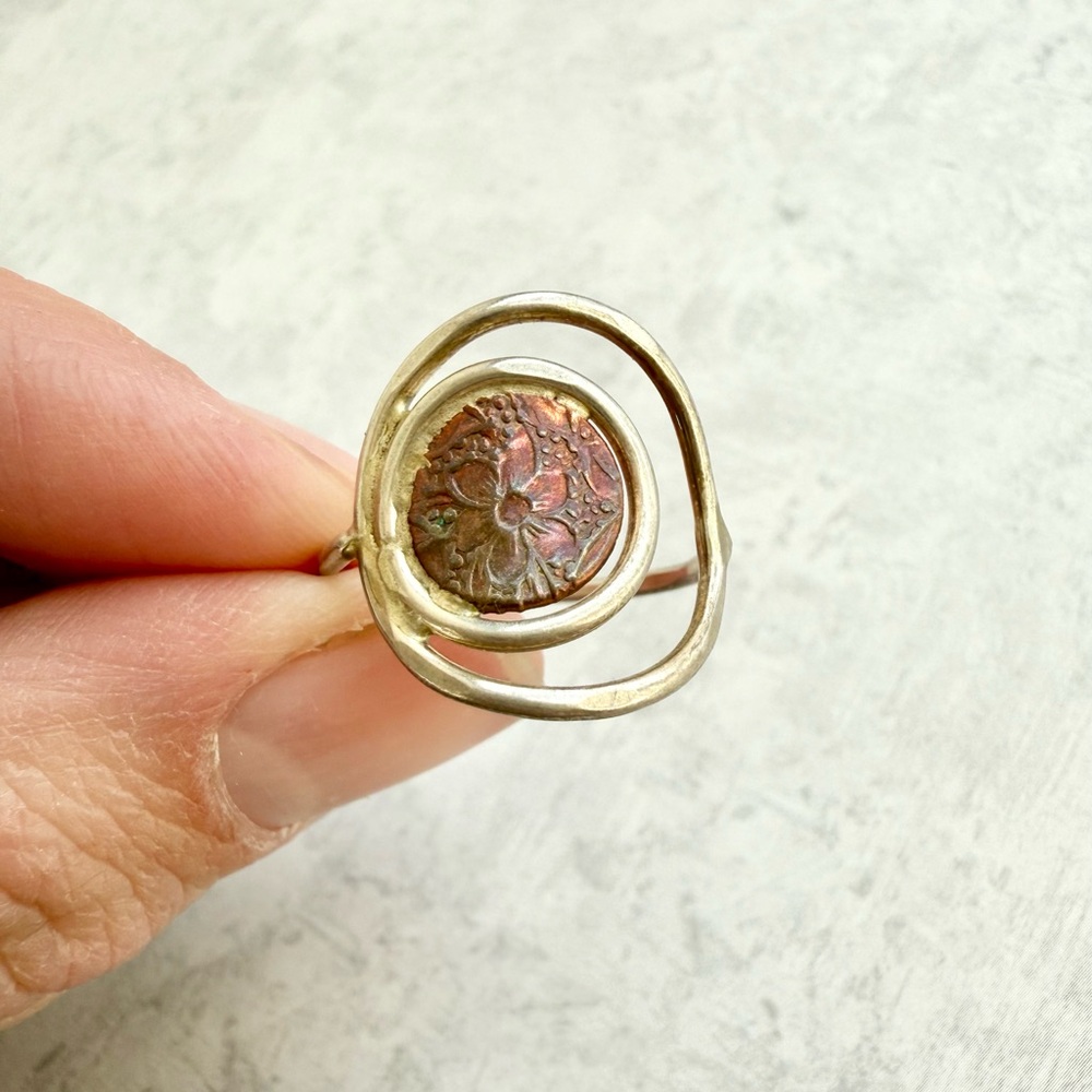 Sterling Silver Double Circle Copper Flower Coin Ring